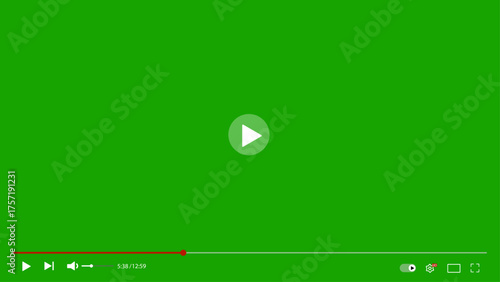 Video playback mockup layout on green screen including universal player bar, volume mixer, progress slider, and essential on-screen controls for developers and designers.

