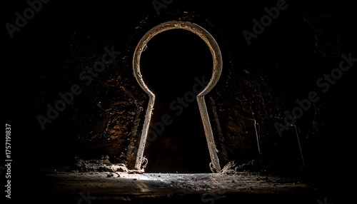 Dramatic close-up of a dark, keyhole-shaped opening