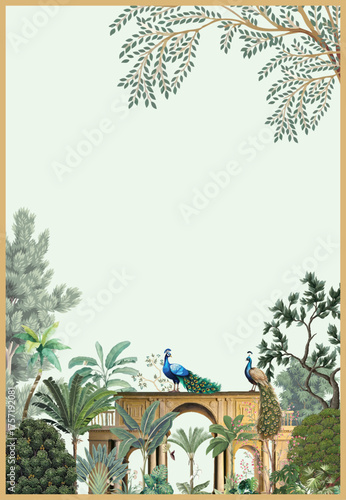 Mughal Wedding Card Design, Indian Wedding Invitation, Peacock, Mughal Arch, Watercolor Background.