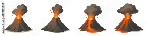 Cartoon volcano eruption icons , lava, smoke, explosion, nature, mountain