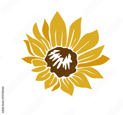 Minimalist vector of a symmetrical sunflower in gold and brown, geometric petals with stylized center, modern flat design on white background, elegant botanical art