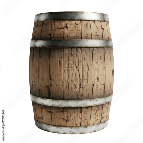 A weathered wooden barrel with metal hoops isolated on transparent background