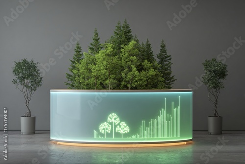Futuristic trading desk with holographic green graphics of forests and clean energy icons entwined with financial charts; neon-green and blue lighting, minimalist lab environment, techy eco vibe