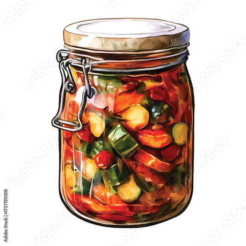 Glass Jar Filled with Pickled Vegetables and Herbs preserved watercolor illutrastion transparent background