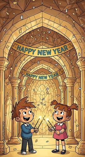 Children celebrating new years eve with sparklers in a festive setting