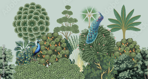 Seamless Mughal Garden Illustration, Mughal Wall Mural, Peacock, Wedding Wallpaper, Mughal Tree, Palm Tree.