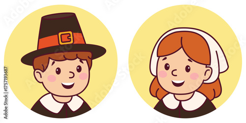 Cute pilgrim portraits. Thanksgiving design. Vector illustration