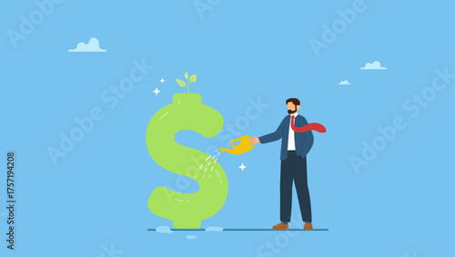 Businessman investor watering sprout or seedling plant growing from dollar sign. Growth investment, saving and financial prosperity, money increase or profit from growing business.