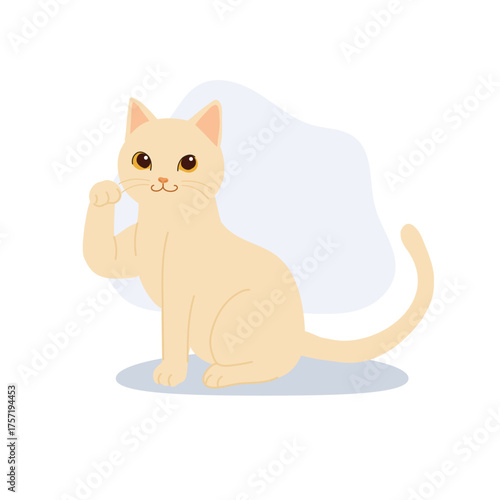 a cute beige cat sitting and lifting paw drawn in flat minimalist style perfect for pet themed design posters