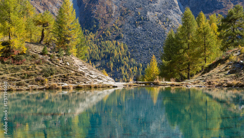 Blue lake in Valis, Switzerland, lake in autumn