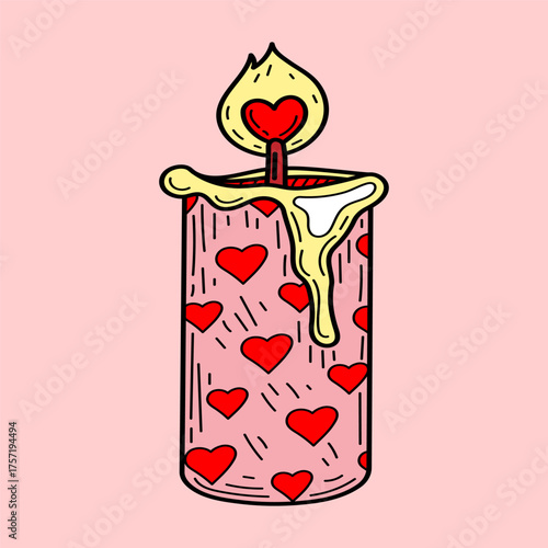Burning paraffin candle with hearts. Hand drawn flat vector. Valentines Day. Romantic holiday. Love celebration card. Wedding anniversary. Doodle illustration.