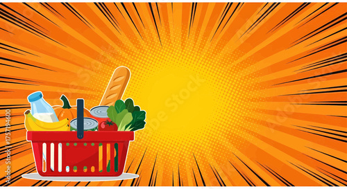 Vector design of a shopping basket with groceries for a market sale on a colorful pop art background