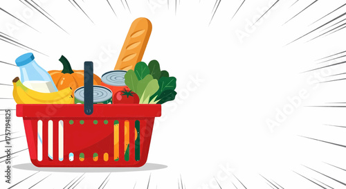 A shopping basket with groceries for a market sale. A pop art vector illustration design for a supermarket