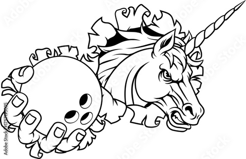 Unicorn horse stallion bowling angry sports team mascot holding a ball.