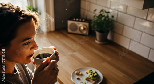 Peaceful Morning Coffee at Home with Natural Sunlight in Cozy Kitchen