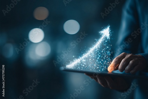 Macro shot of a businesspersonâ€™s hand holding a glowing holographic arrow icon rising over a tablet, soft-focus office background, moody lighting with deep blue tones, high-detail