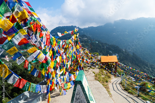 Dalai Hills Buddhist Temple with Tibetan Prayer Flags and Scenic Mountain View