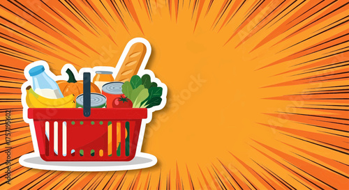 Pop art vector illustration design of a shopping basket with groceries and food products for a market sale on a colorful background for the supermarket
