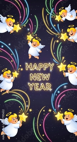 Angels holding stars wishing happy new year with colorful sparkles in the dark night