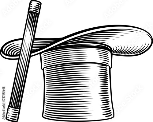 Black and white woodcut illustration of a magicians top hat with wand. Engraving style artwork ideal for themes of illusion, performance, vintage design, stage magic, or traditional print art.