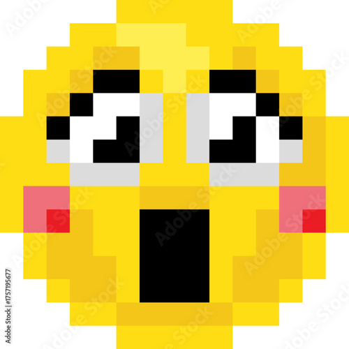 Shocked pixel art emoji emoticon with wide eyes and open mouth. Cute 8 bit digital icon full of surprise and expression, great for chat reactions, retro stickers, games, or nostalgic digital art.