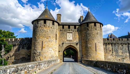 Medieval stone gatehouse on a bridge