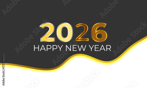 2026 Happy New Year Metallic Greeting Poster Abstract Celebration Design Luxury Typography Festive Vector Creative Layout Decorative Graphic.