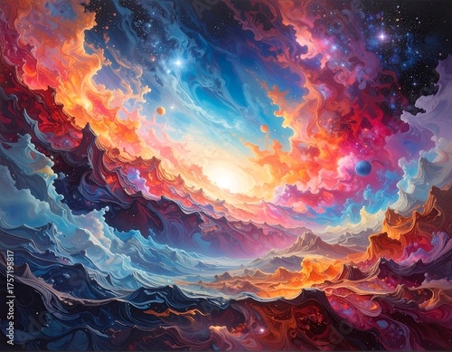 Cosmic vista with swirling clouds of color and celestial bodies, bright light