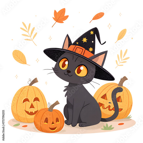 Cute Black Cat with Witch Hat and Halloween Decorations Illustration