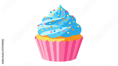Colorful cupcake with blue frosting decorated with sprinkles vector illustration for birthday party invitations and sweet treat designs