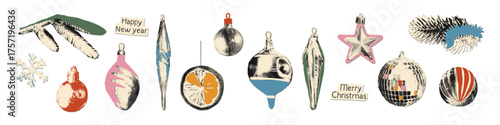 Vintage Christmas ornaments halftone collage elements set. Paper cut out baubles, icicles, stars, pine branches with dot texture and doodles. Modern retro vector illustration on transparent background