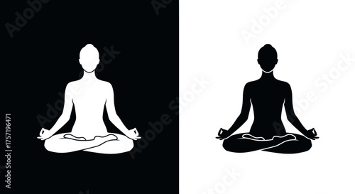 Black and white silhouettes of a person meditating in a yoga lotus pose.