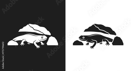 Black and white vector logo of a salamander lizard by a rock.