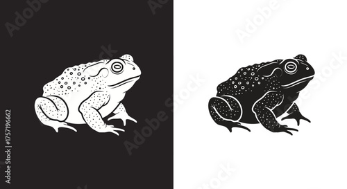 Vintage woodcut style toad illustration in black and white variations.