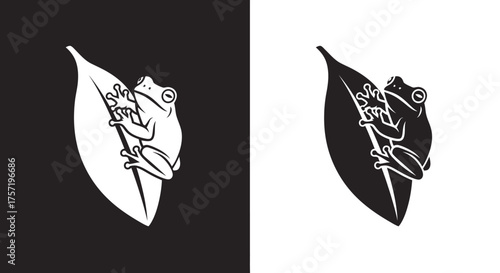 Stylized Tree Frog Vector Illustration on a Leaf Minimalist Black and White Logo Mark