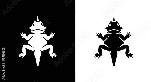 Black and white horned lizard reptile graphic symbol.