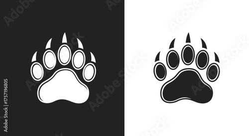 Monochrome Bear Paw Print Vector Illustration with Sharp Claws.