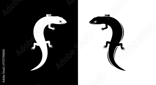 Black and white stylized lizard silhouettes in opposition.