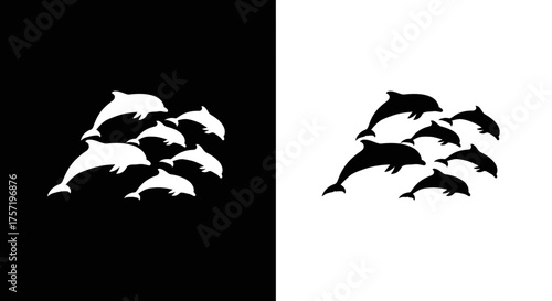 Dolphin Pod Silhouette Vector Icon Group of Swimming Marine Animals in Black and White