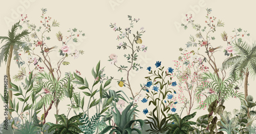 Graden Wall Mural,Mughal Garden, Tropical Wallpaper, Wallpaper Illustration.