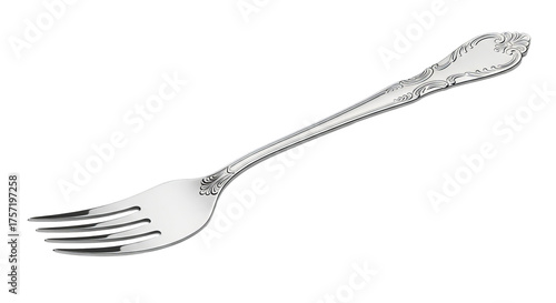 Silver fork lies diagonally against a contrasting background, revealing its tines and decorative handle.