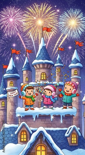 Children celebrating new years eve on a snowy castle with fireworks display