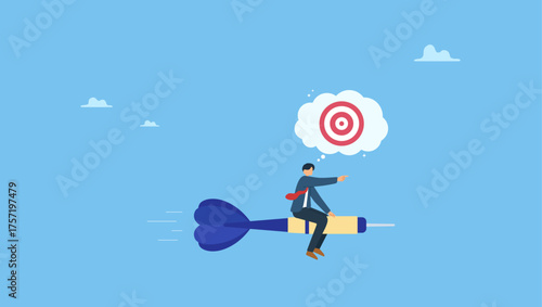 Confidence businessman riding dart aiming for target. Aiming for target or goal, determination and strategy to reach target and achieve business success, aspiration and direction to win and victory.
