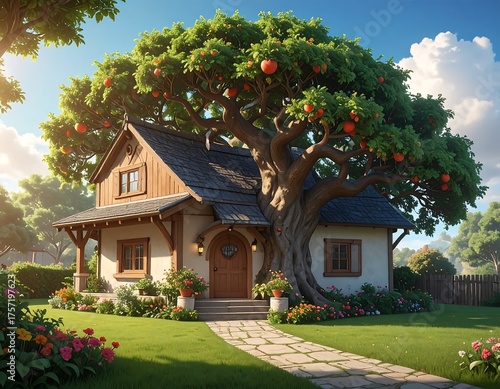Cottage with large tree growing through it, sunny day