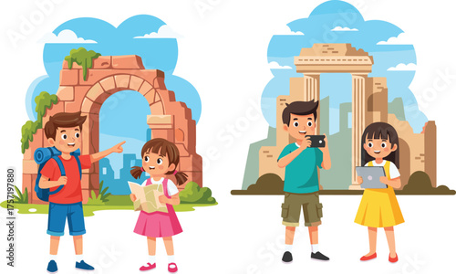 Children exploring ancient ruins, kids learning history, adventure travel, cultural tourism, educational journey, archaeology site, teamwork, discovery, photography, technology use