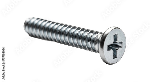 Silver screw with a crosshead sits against a plain background, revealing its spiral ridges and metallic sheen.