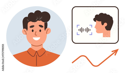 Smiling man, voice recognition wave, head profile, and rising chart. Ideal for technology, AI, personal development, education, digital learning self-improvement simple flat metaphor