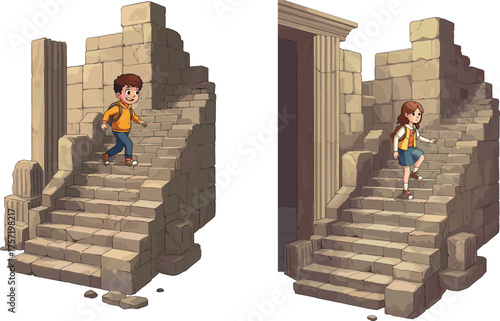 Children exploring ancient stone staircases, archaeological ruins, historical adventure, crumbling architecture, outdoor discovery, travel concept, ancient site, cultural heritage, mystery