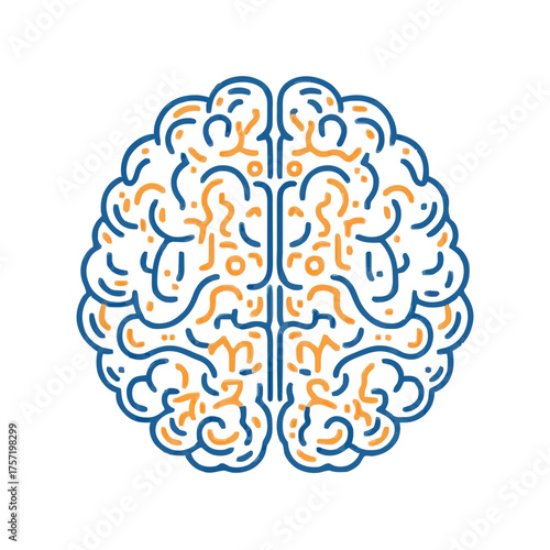 Brain icon, line art, blue and orange, cognition