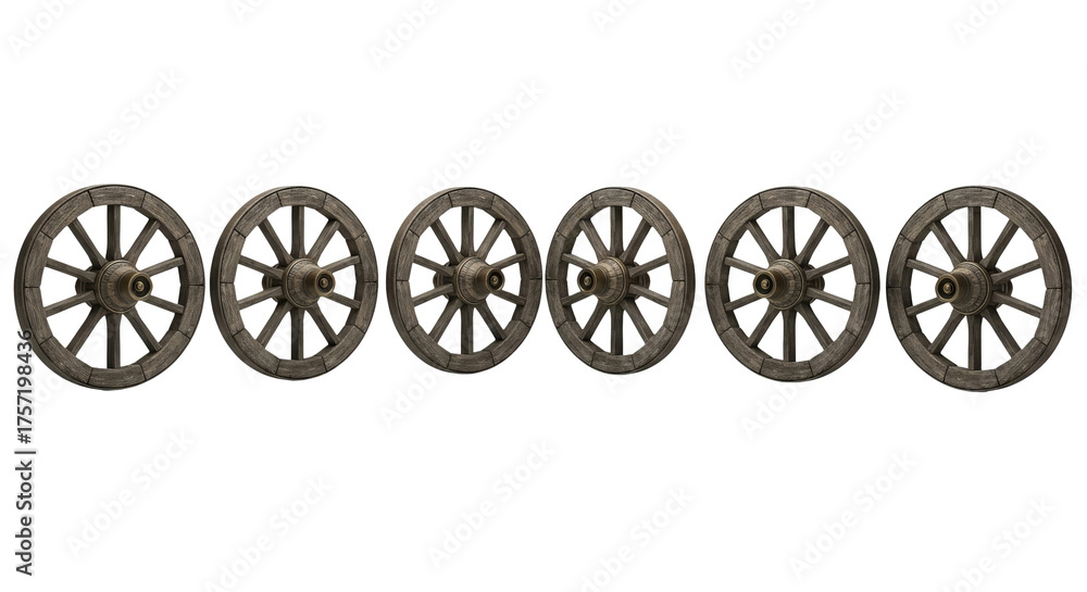 Fototapeta premium Six wagon wheels are aligned horizontally, featuring weathered wood and metal hubs against a background.